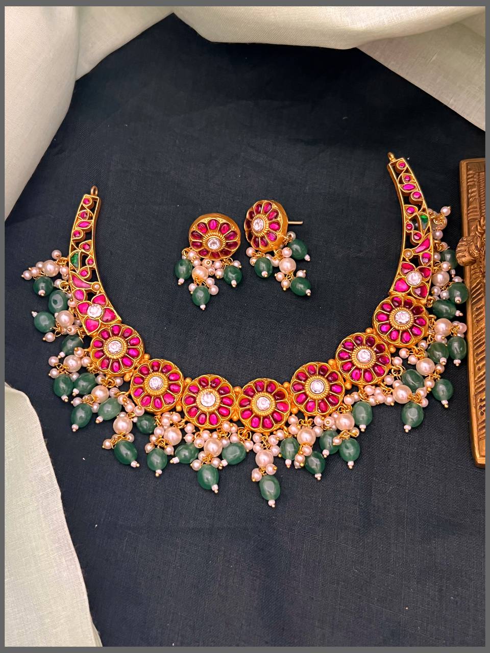 Ruby Flower Kundan Necklace With Pearls - KN00563
