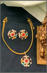 Beautiful Nakshi Chain With Navratna Flower Pendant - NN00793