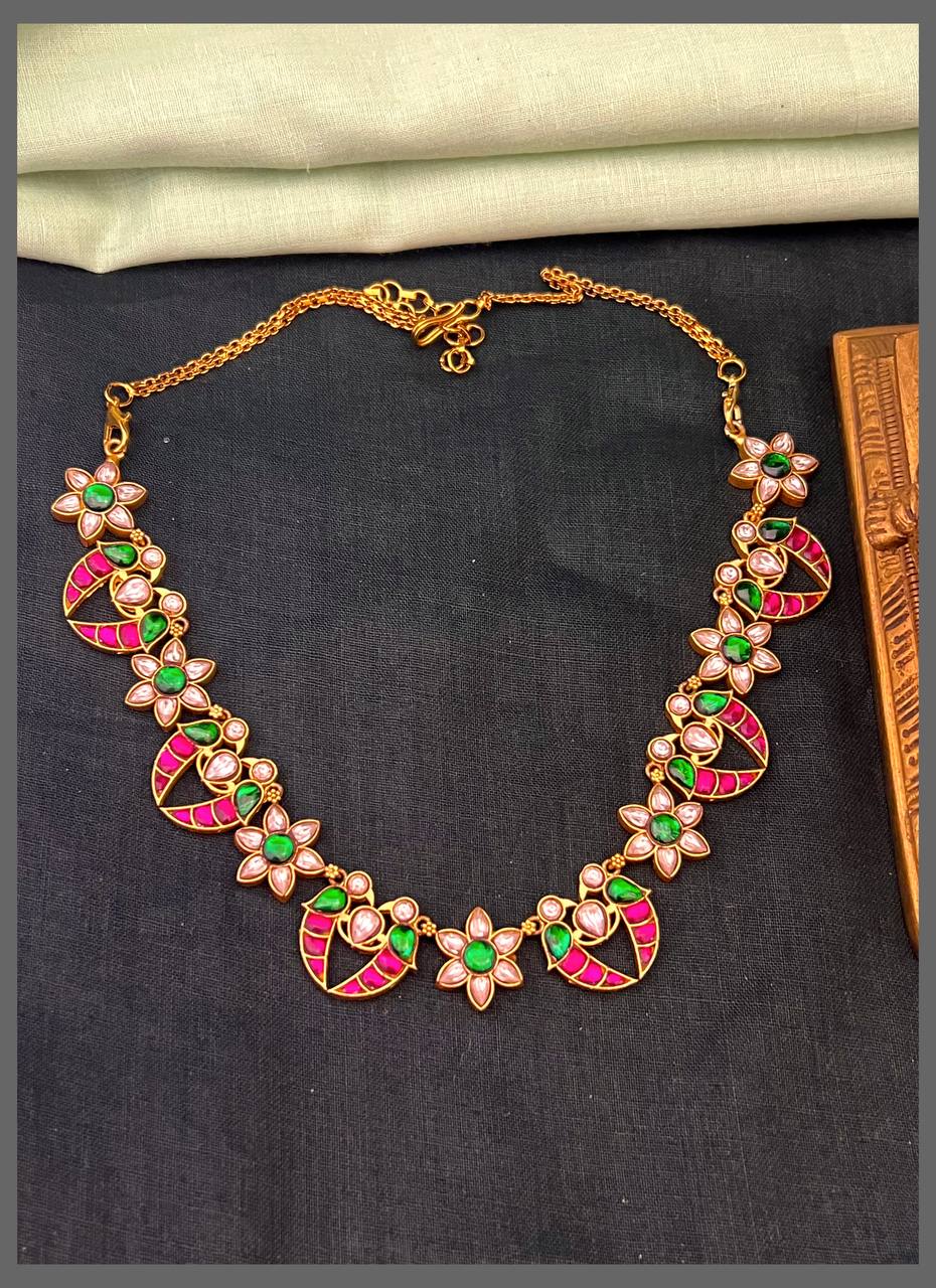 Beautiful Multicolour Flower and Bird Necklace In Kundan - KN00566