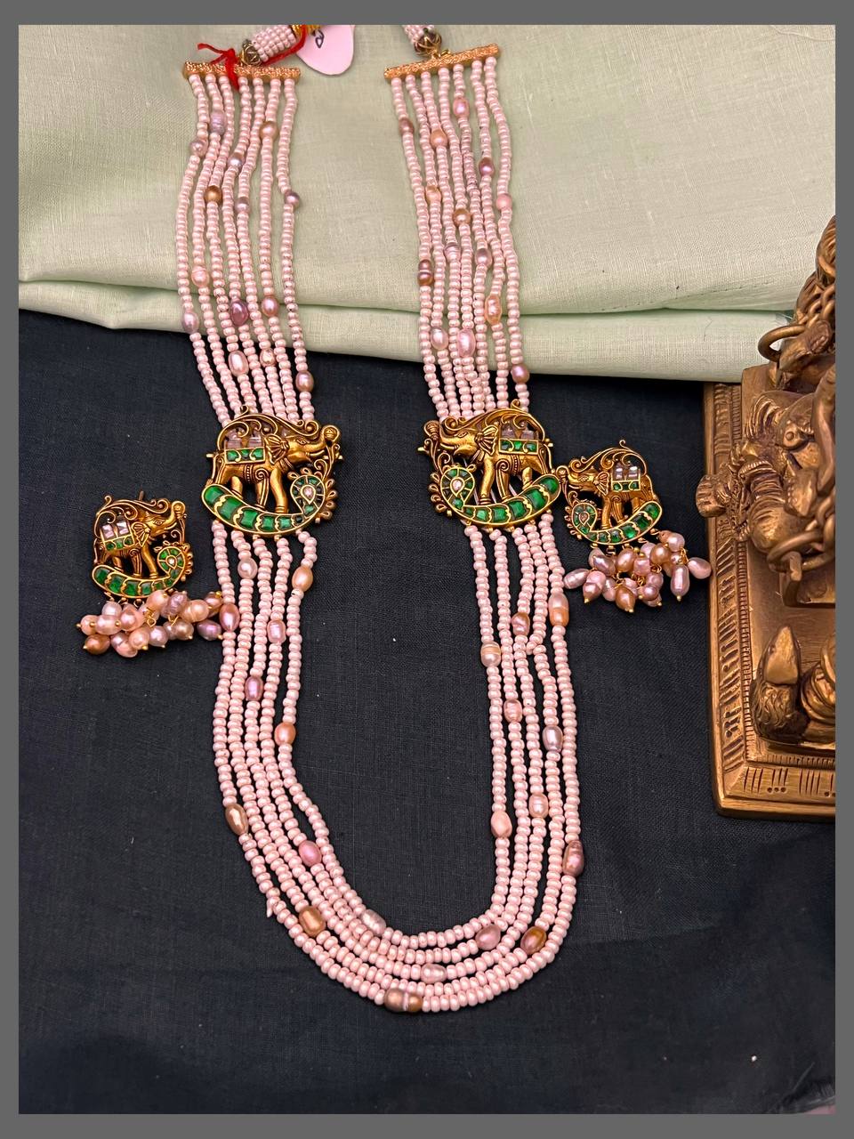 White Pearl Haram With Side Elelphant Pendant - PB00514