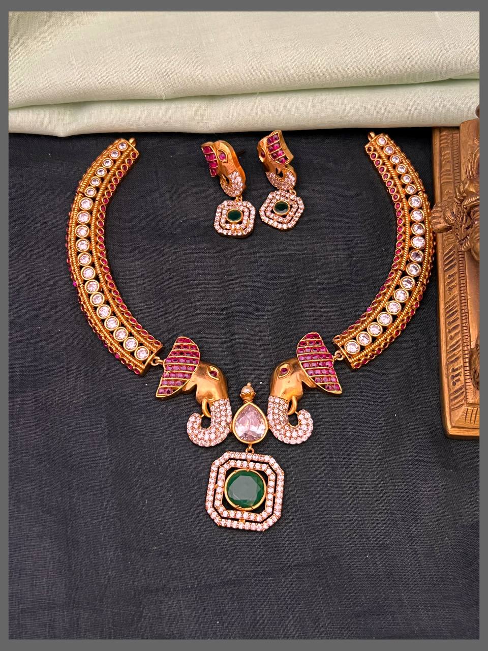 Antique Elelphant Necklace In Nakshi - NN00809