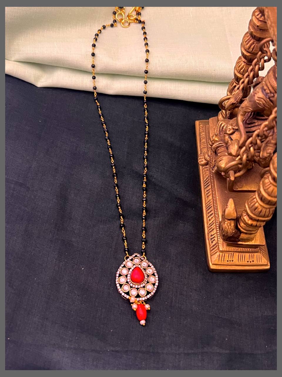DewDrop white stone Victorian Pendant with Black Beads Haram - BD00131