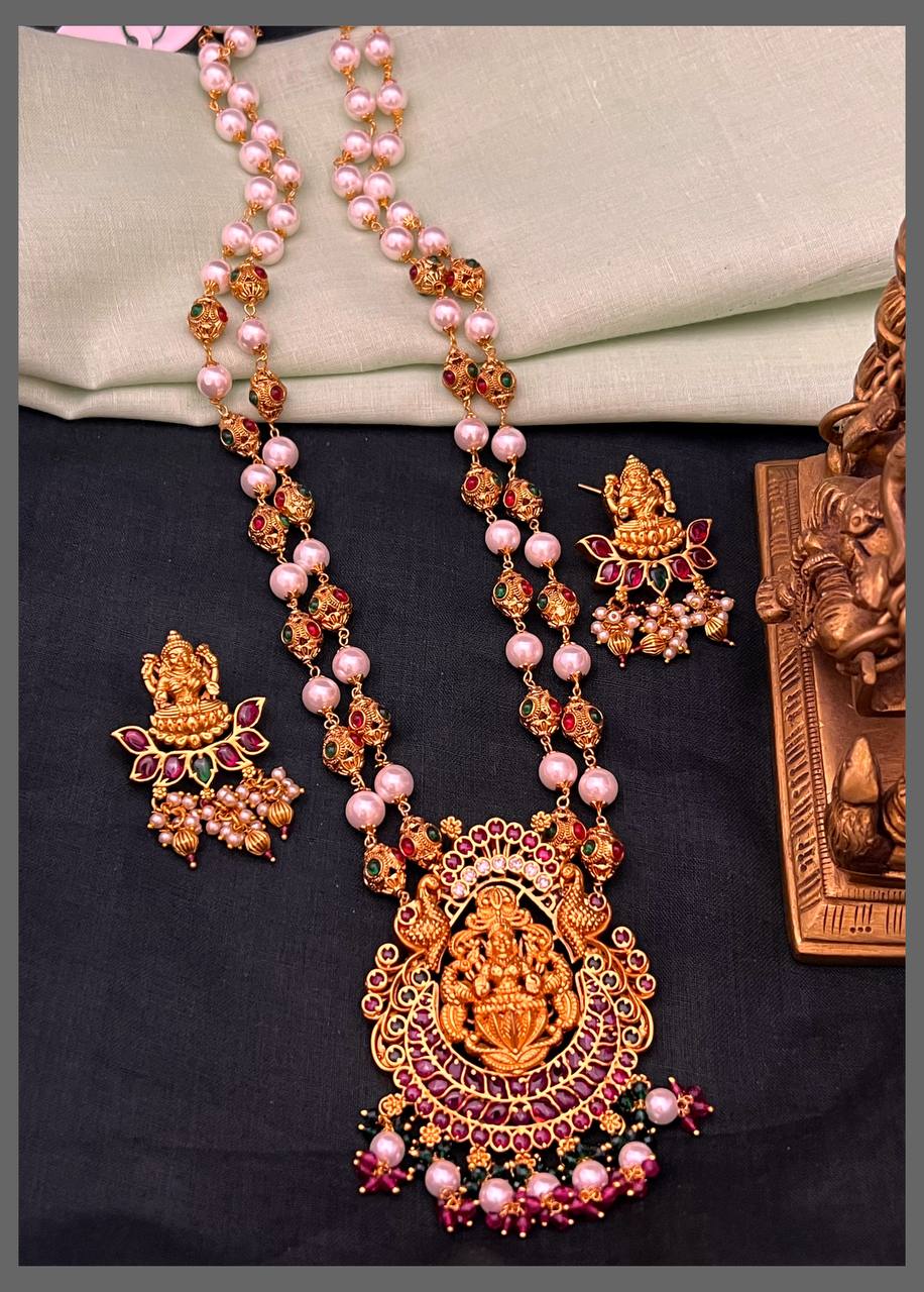 White and Gold Pearl Haram With Lakshmi Pendant - PB00523