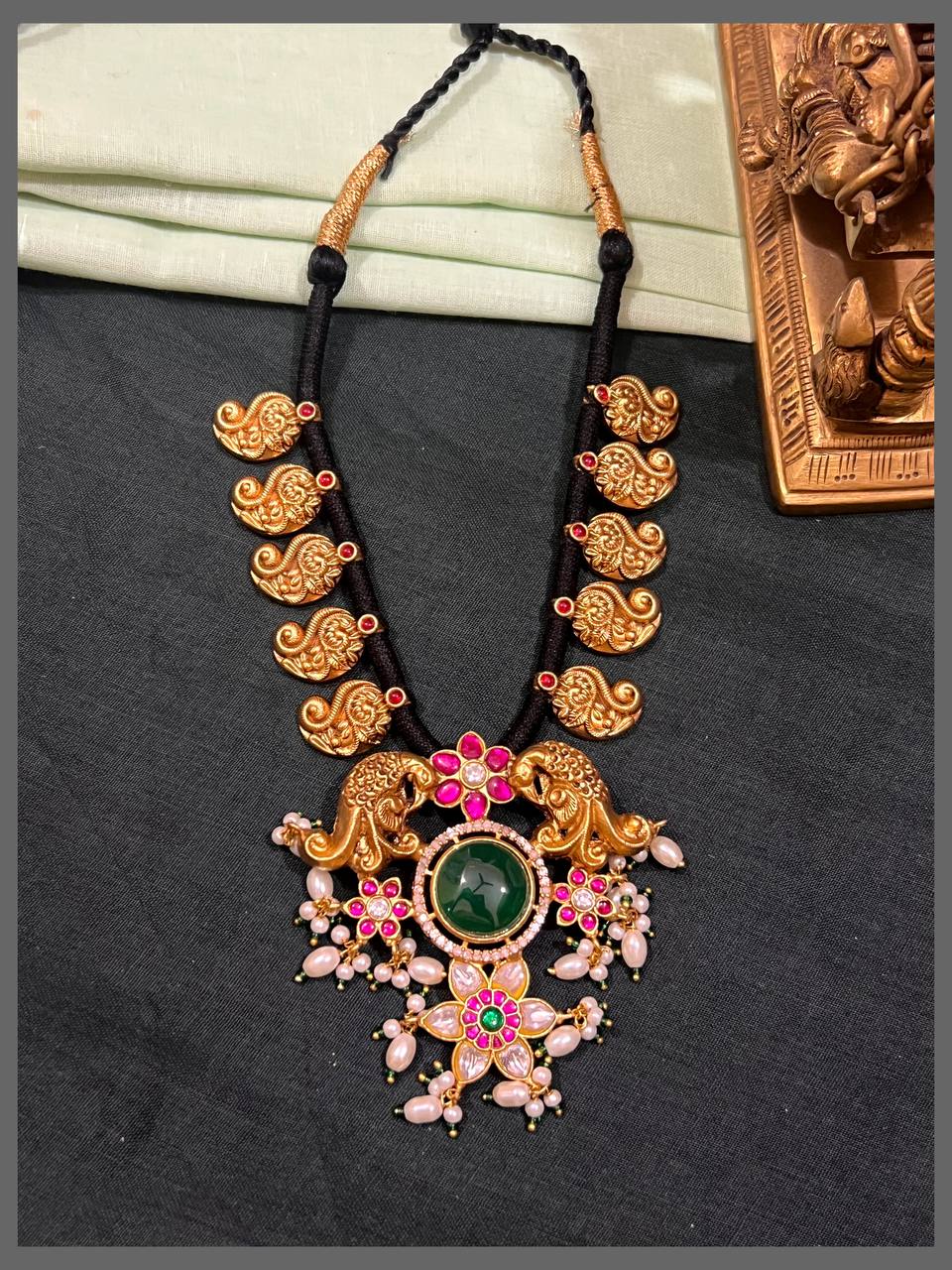 Beautiful Mango and Kundan Pendent In Black Dori - BD00144