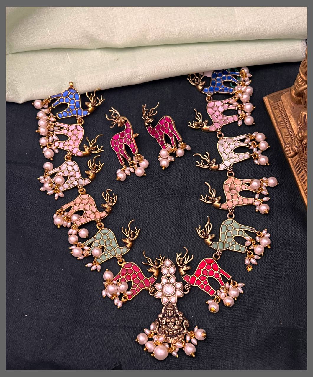 Elegant Multicolor Deer Necklace With Lakshmi In Kundan - KN00574