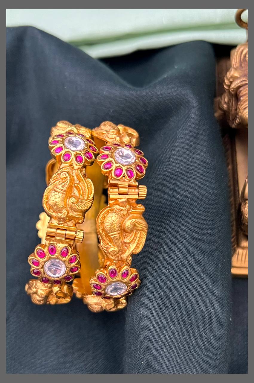 Peacock and Kundan Flower Bangles - BG00500