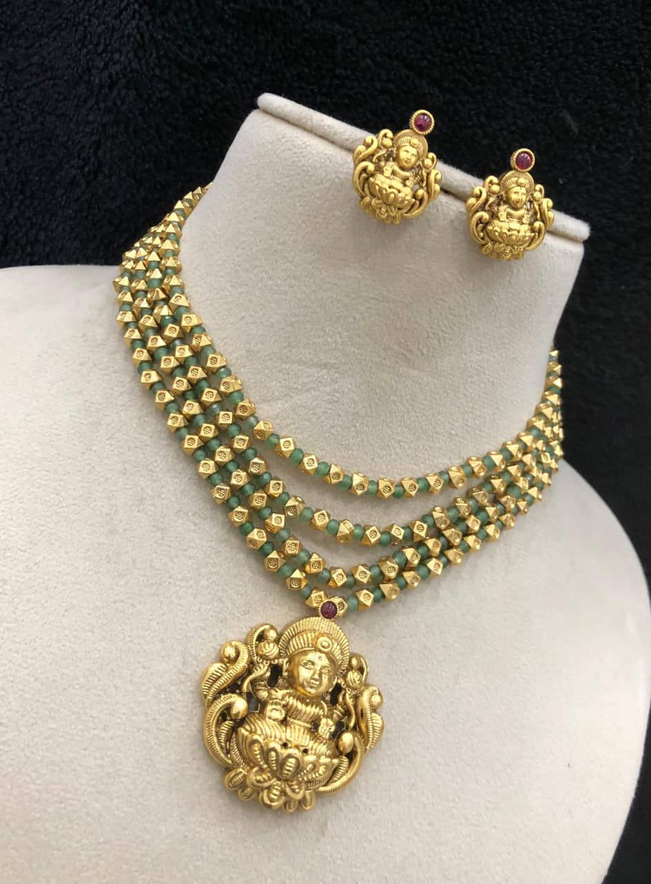 Strawberry Beads With Lakshmi Pendant & Earrings - NN00179