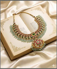 Jadau Necklace with Emerald Stone and Beads - KN00579