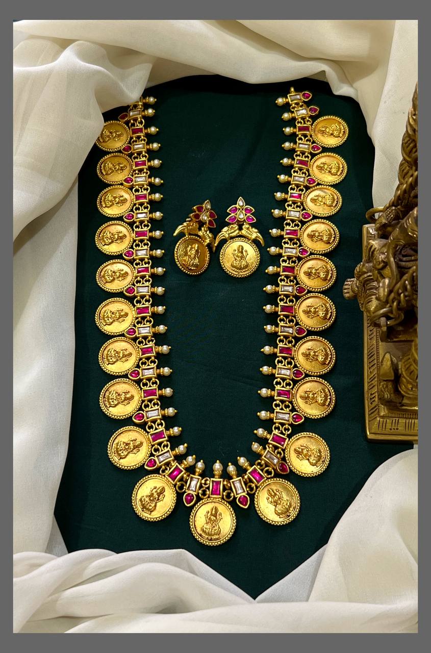 Ruby Kundan Long Kaasu Haram With Screw Back Earrings - KH00352