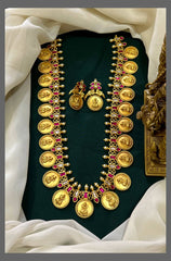 Ruby Kundan Long Kaasu Haram With Screw Back Earrings - KH00352