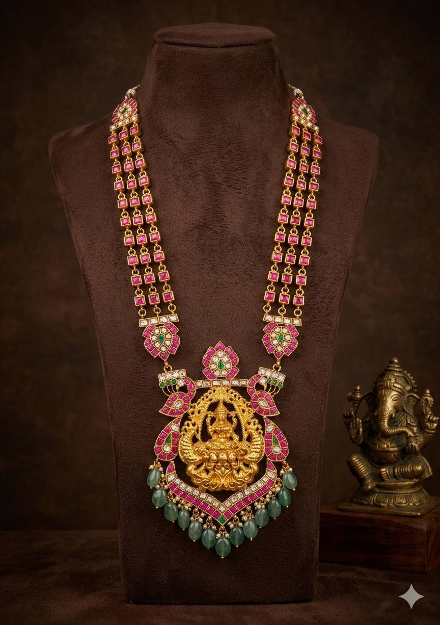 Jadau 3 liner Gold Finish Lakshmi Haram - KH00345