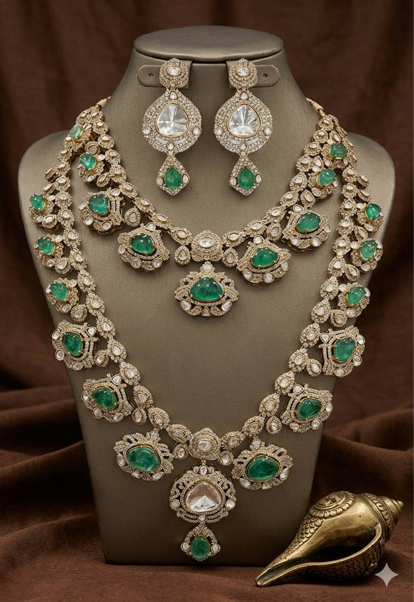 Victorian Mozonite Emerald Layer Long Bridal Haram With Earrings - VH0060