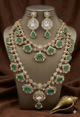 Victorian Mozonite Emerald Layer Long Bridal Haram With Earrings - VH0060