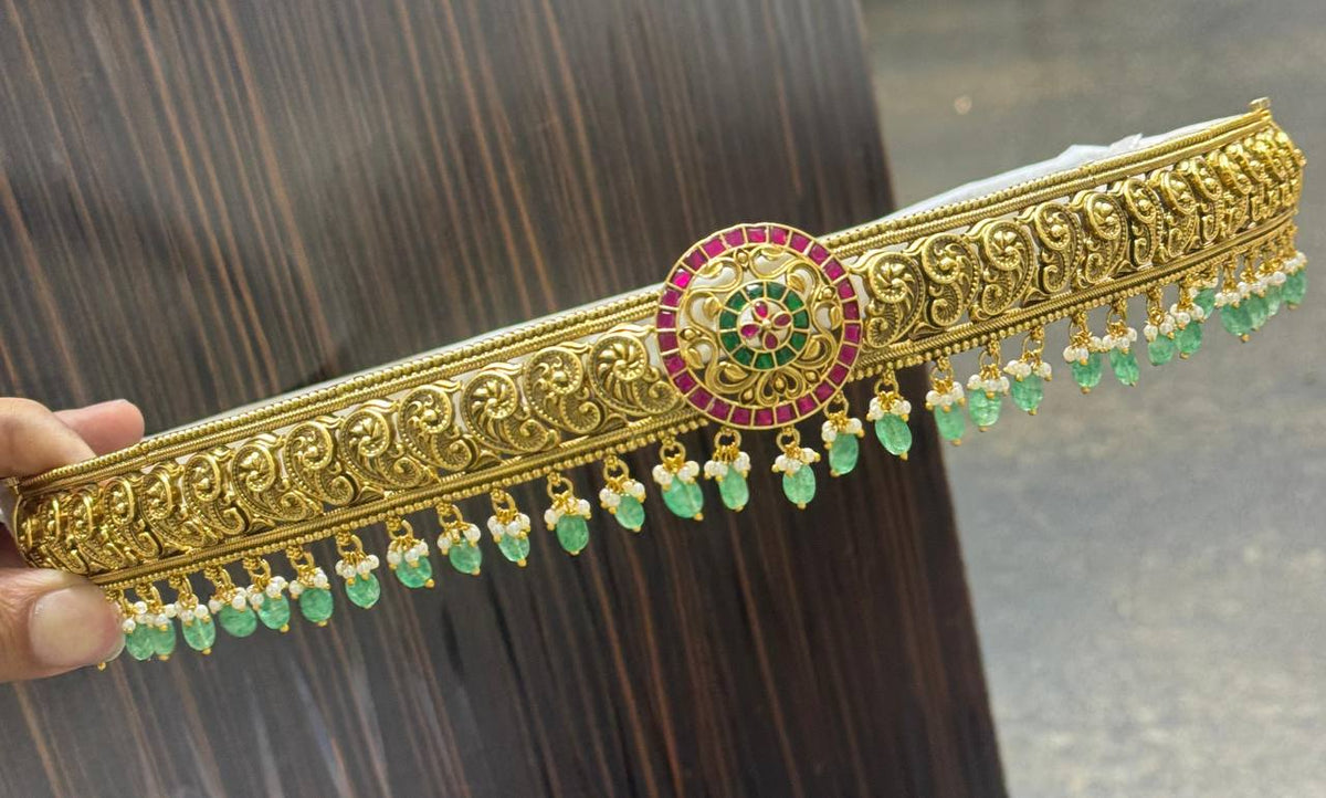 Thin Pattern Jadau Waist Belt With beads - WB0049