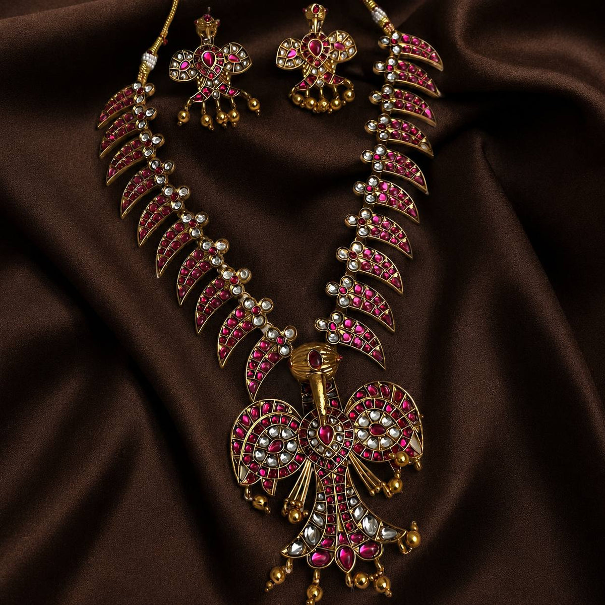 Kempu Stone Gandaberunda Neckalce With Earrings - NN00931