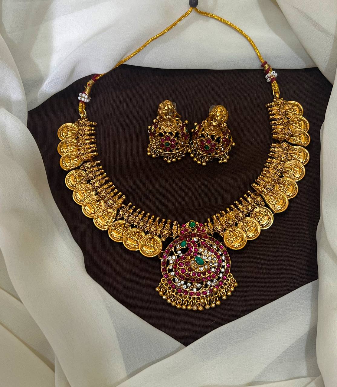 Kaasu necklace With Kempu Peacock Pendant and Jhumki - NN0050