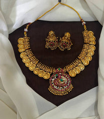 Kaasu necklace With Kempu Peacock Pendant and Jhumki - NN0050