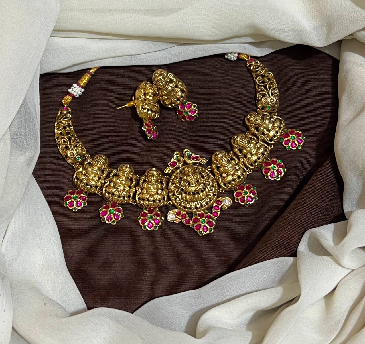 Antique Polish Nakshi Necklace with Jadau Stones and Cute Earrings - NN0041