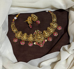 Antique Polish Nakshi Necklace with Jadau Stones and Cute Earrings - NN0041