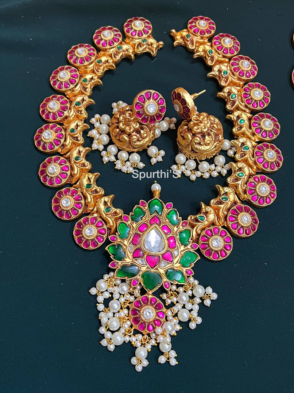 Kundan Bottu Mala with Lotus pendant - HJ0016