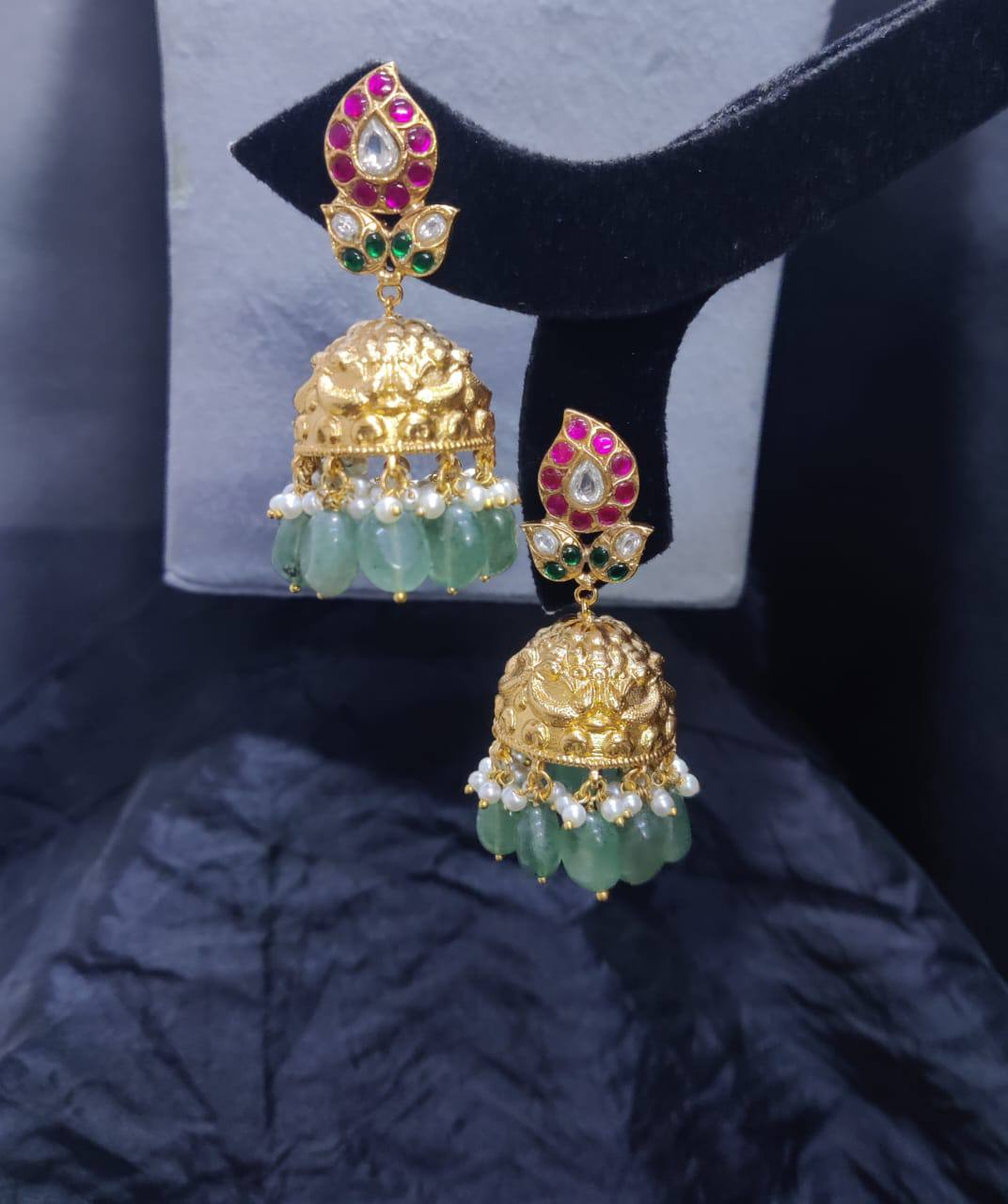 Jadau Jhumkis with Strawberry Beads - KE0056