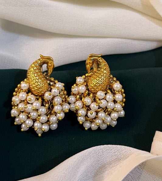 Big Peacock with White Pearl Nakshi Earring - NE017