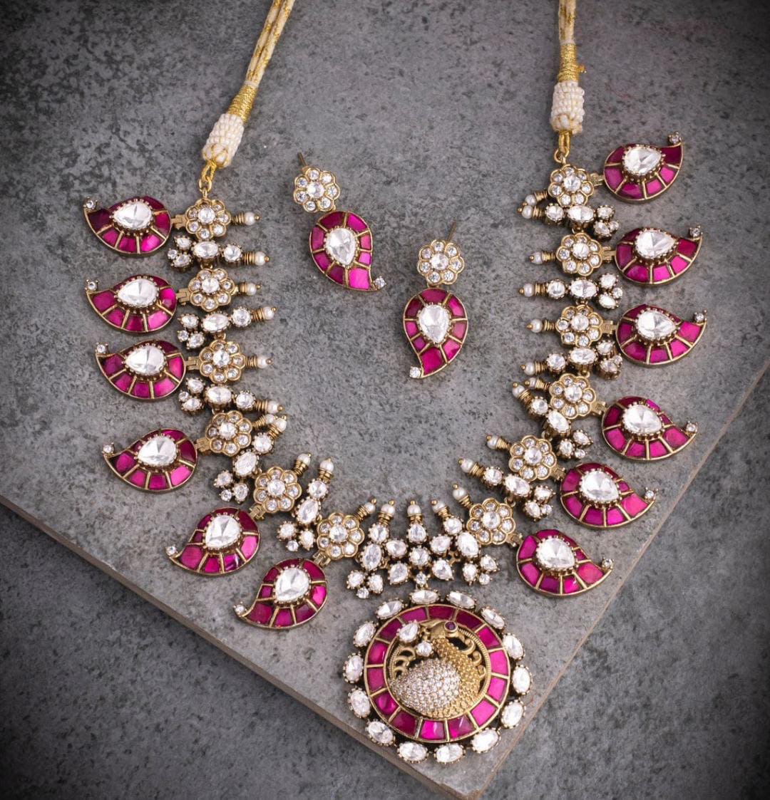 Victorian Pink Kundan Necklace With Mozonites - DN0034