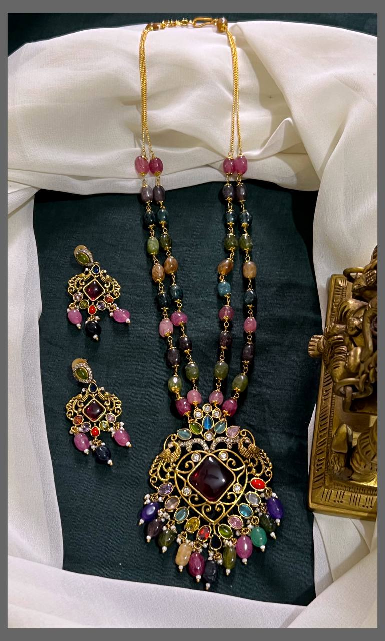 Stunning Pearl Necklace with Multicolor Beads, a Beautiful Pendant & Earrings - PB00463