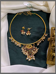 Elegant Kante Nakshi Necklace with Pearls & Multicolor Gems with earrings - NN00720