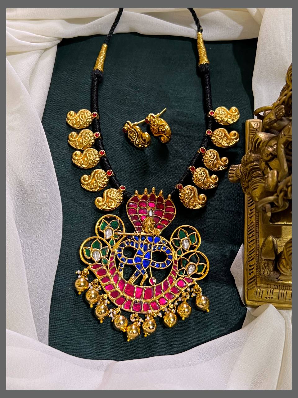 Black Dori Necklace With Krishna-Sheshnaag Pendant & Earrings – BD00121