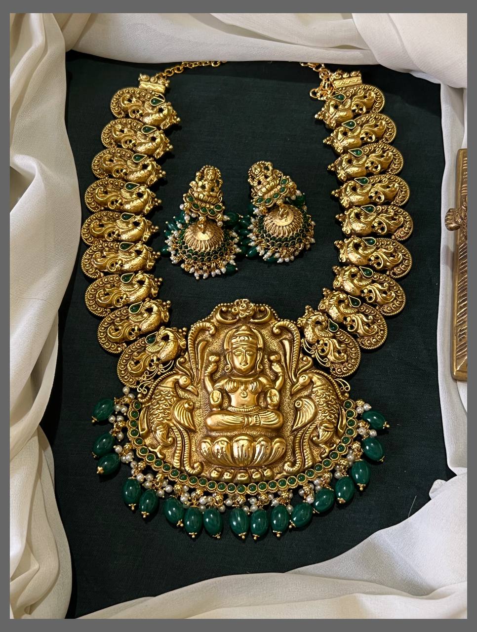 Traditional Nakshi Necklace with Green Beads and Matching Jhumka Earrings – NN00731