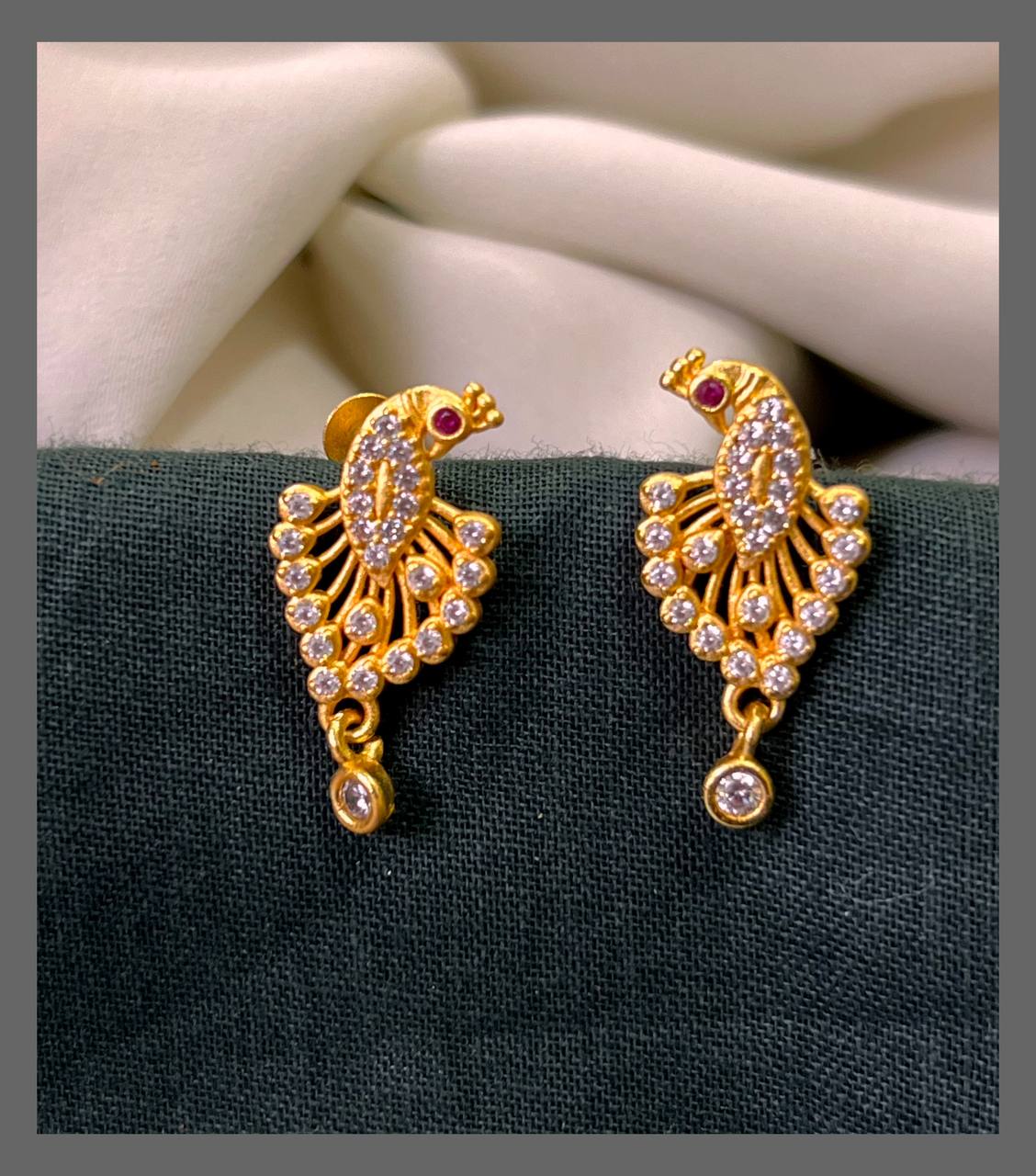Beautiful Peacock Earrings in Gold & White Stones - NE00623