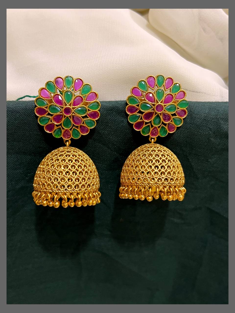 Beautiful Emerald Jhumki Earring in Nakshi -  NE00522