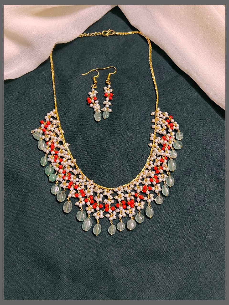 Grapes Design in Ruby and White pearl Necklace - PB00377