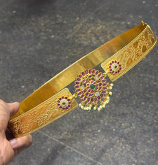 Kempu Waist Belt With Peacock Pendant - WB0012