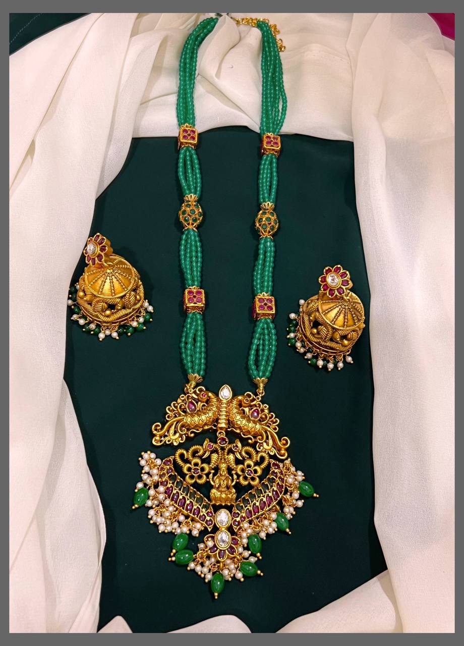 Emerald Beads With Peacock and Lakshmi Pendent Haram - PB0080