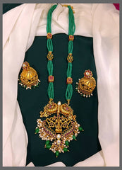 Emerald Beads With Peacock and Lakshmi Pendent Haram - PB0080
