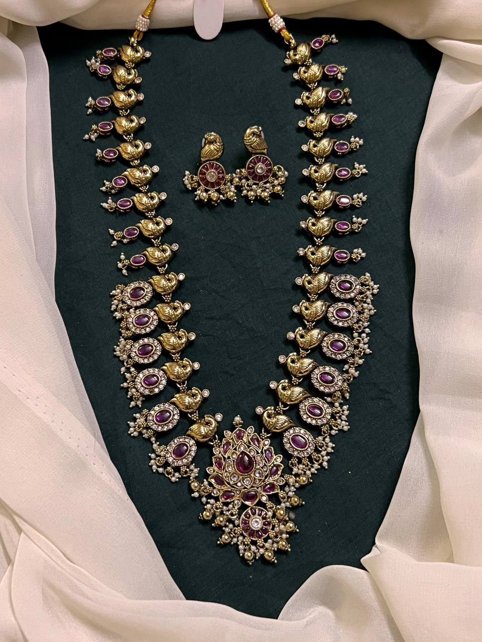 Peacock and Kempu Flower Nakshi Haram In White Polish - NH00321