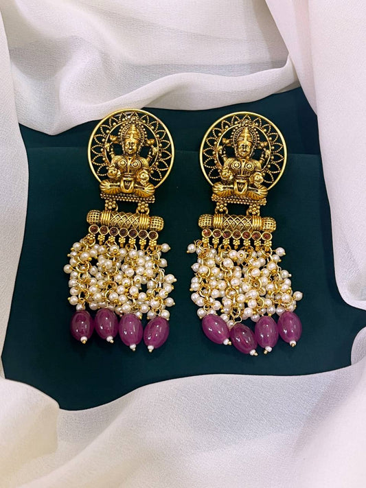 Lord Lakshmi in Purple and Pearl Nakshi Earrings - NE0127