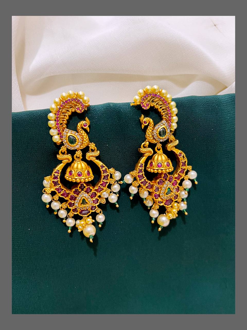 Kempu Peacock Earring With Pearls - NE00481
