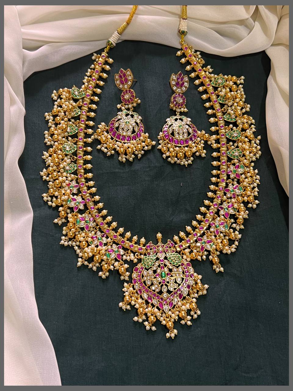 Beautiful Multi Flower Haram with Peacock Pendant in Kundan - KH00315