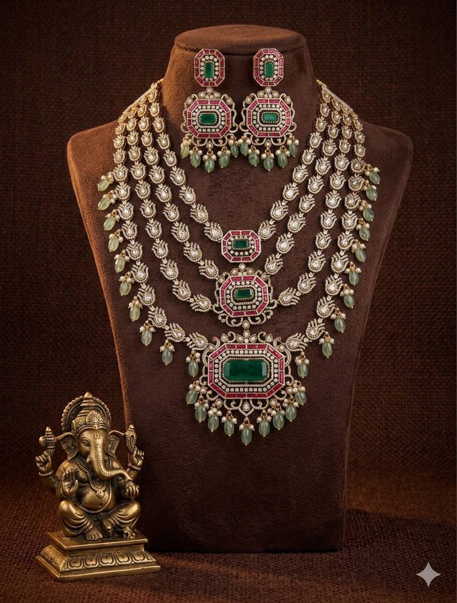 Victorian Mozonite Layer Haram With Emerald Stone And Jadau- VH0059