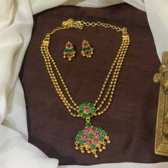 Vintage 3 line Gold Ball Panchaloha Necklace With CZ Stone Pendant - NN00982