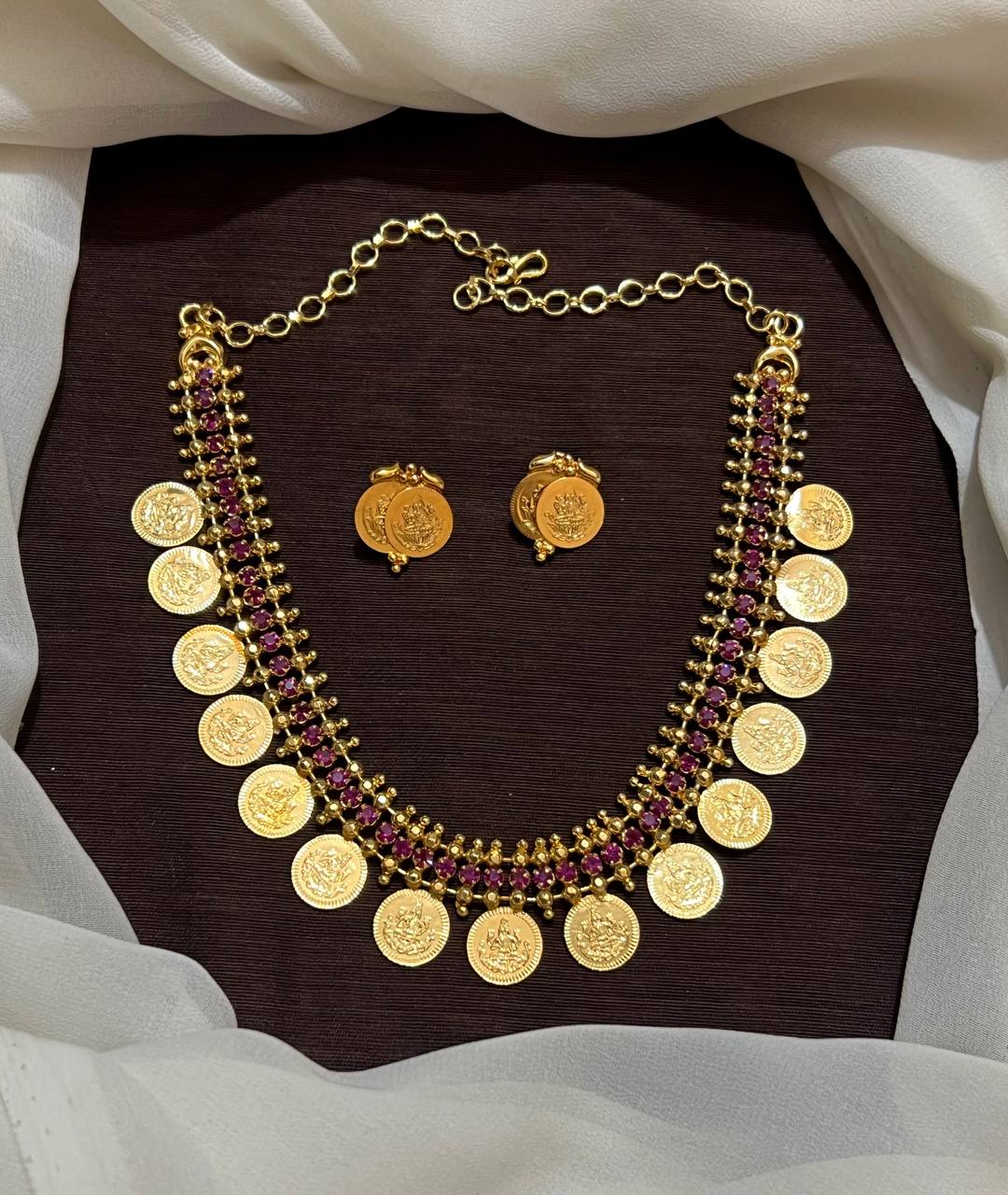 Kempu Stone Micro Gold polish Kaasu Necklace - NN0012