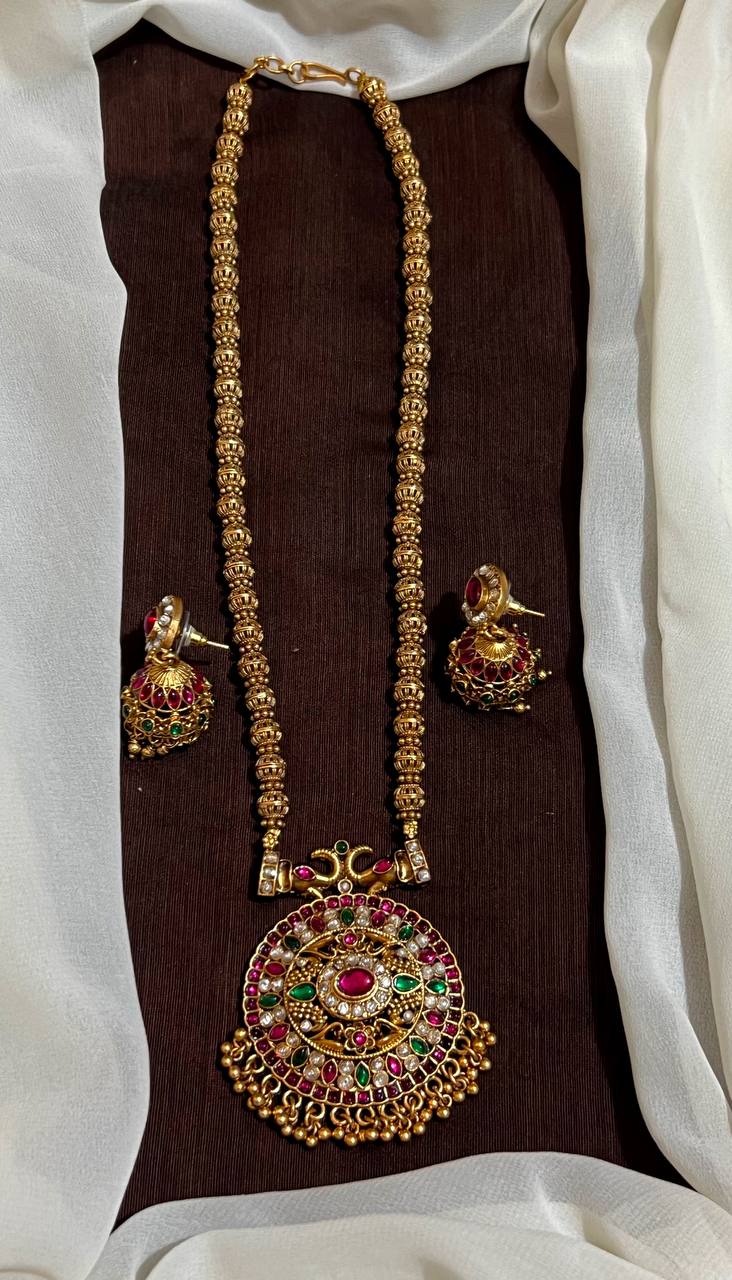 Nakshi Ball Long Chain With Pota Stone Round Pendant and Earrings - PB00638