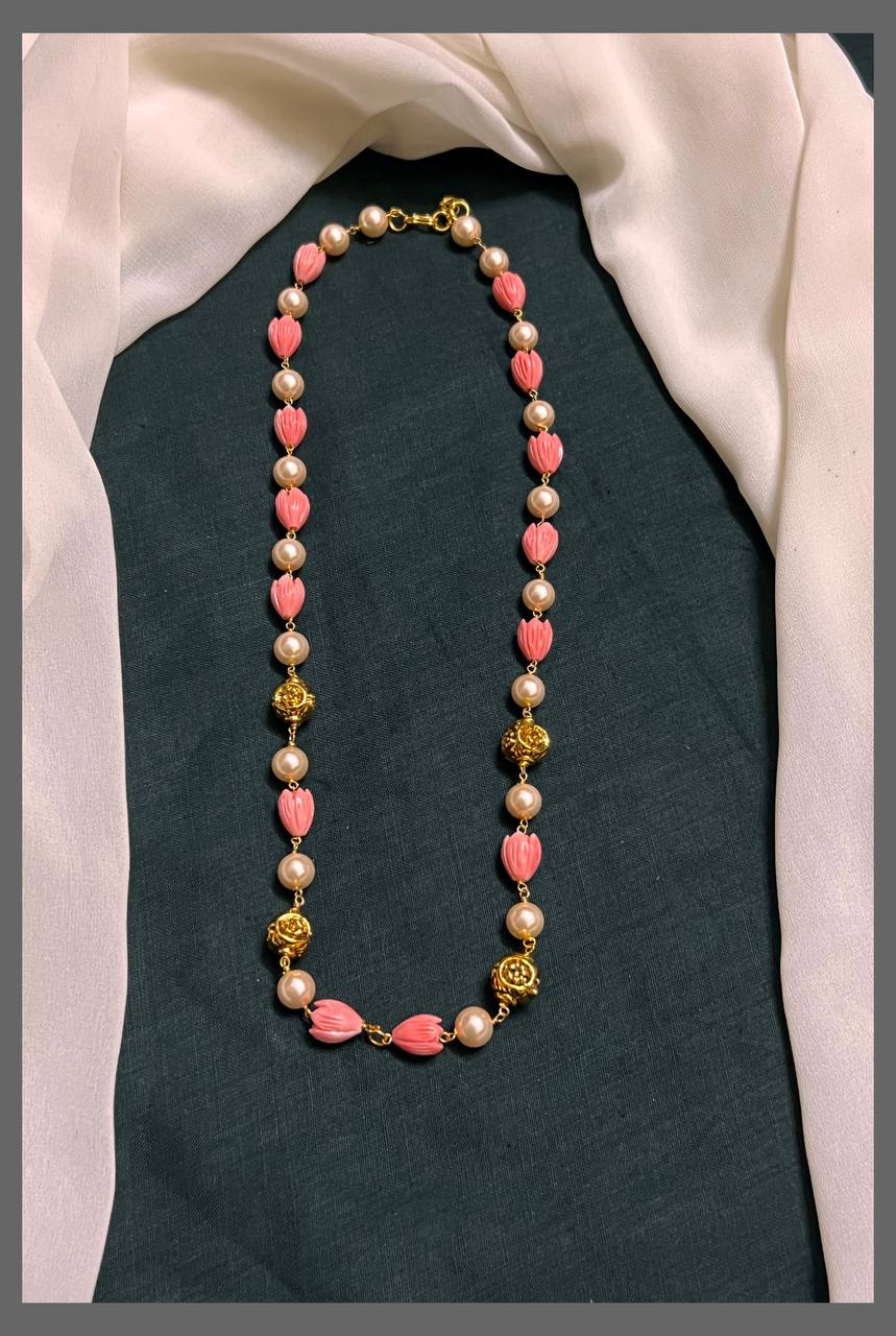 Baby Pink Flower Beadswith Cream and Gold Beads Haram - PB00379