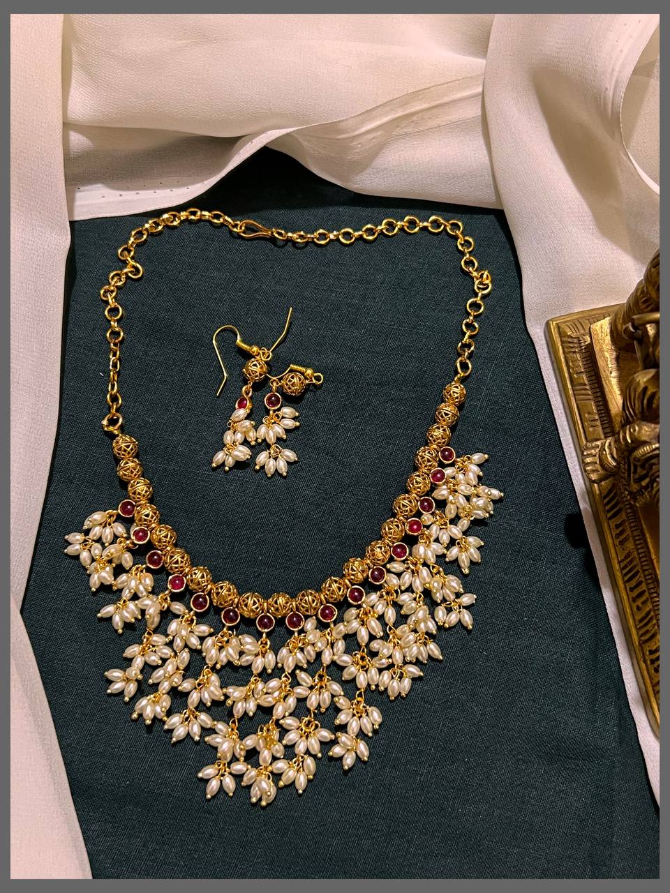 Gold Pearl Necklace with Rice Pearl in Nakshi - PB00430