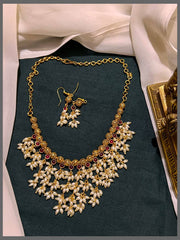 Gold Pearl Necklace with Rice Pearl in Nakshi - PB00430