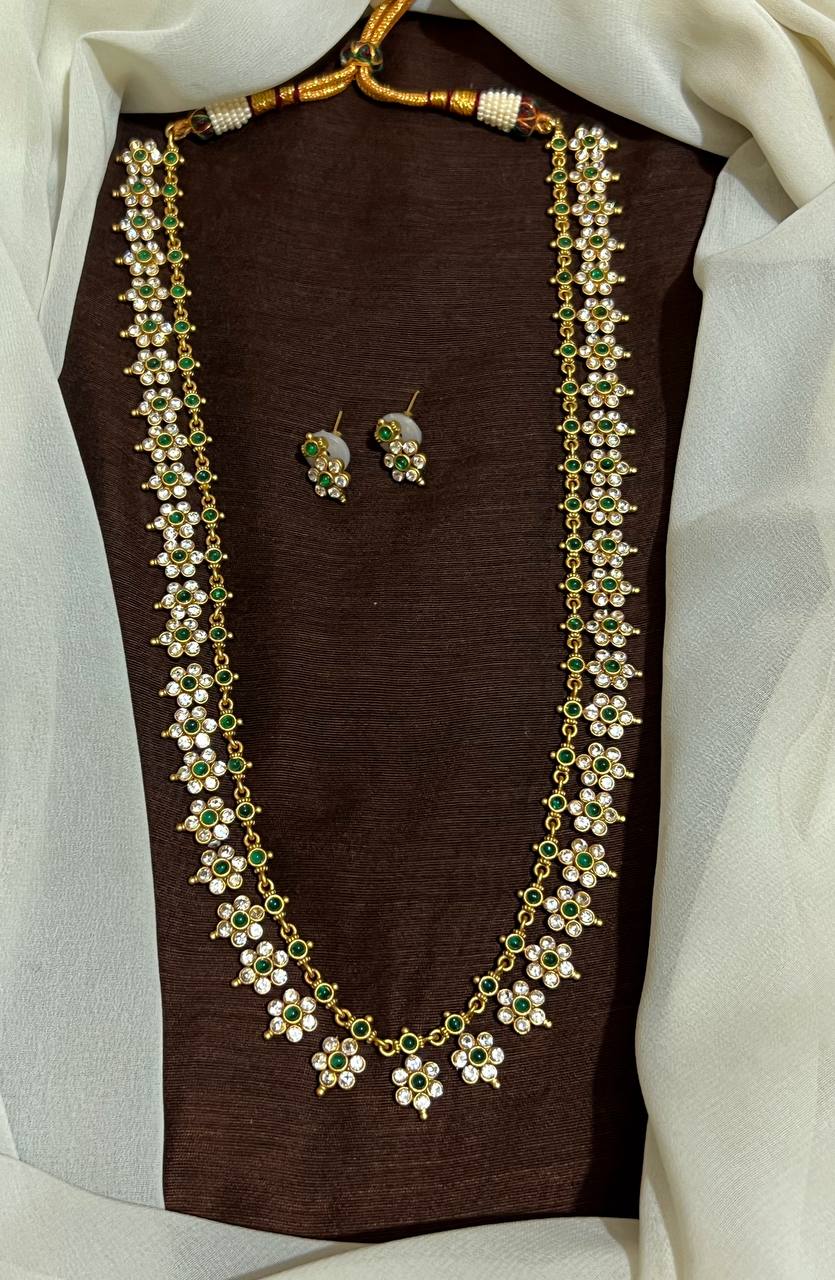White And Green Flower Stone Haram With Cute Earrings - NH0083