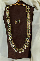White And Green Flower Stone Haram With Cute Earrings - NH0083